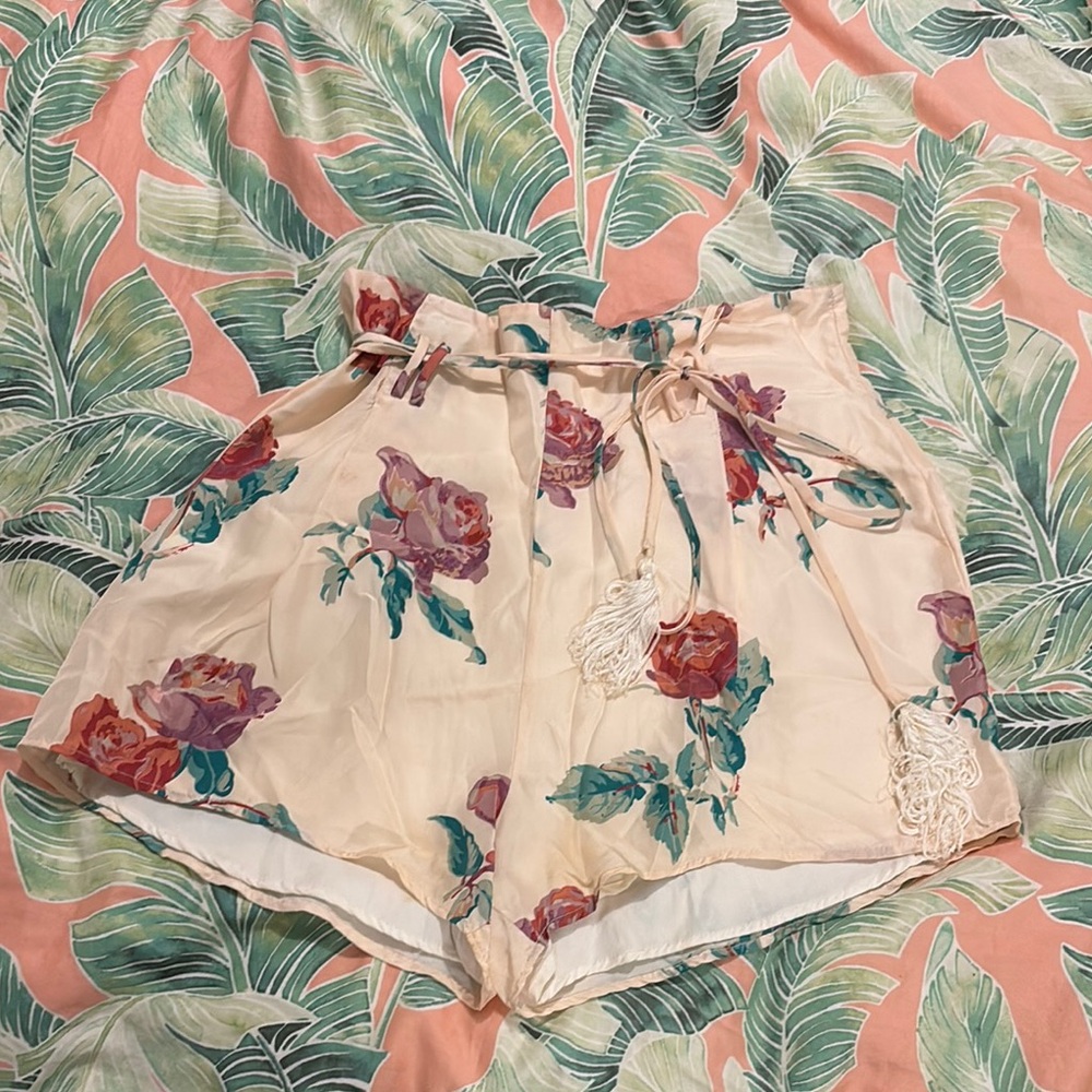 Rose Floral High-Waisted silk Shorts with Tie